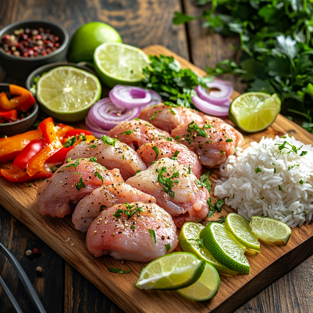 Ingredients for healthy grilled chicken and rice bowl on prep board