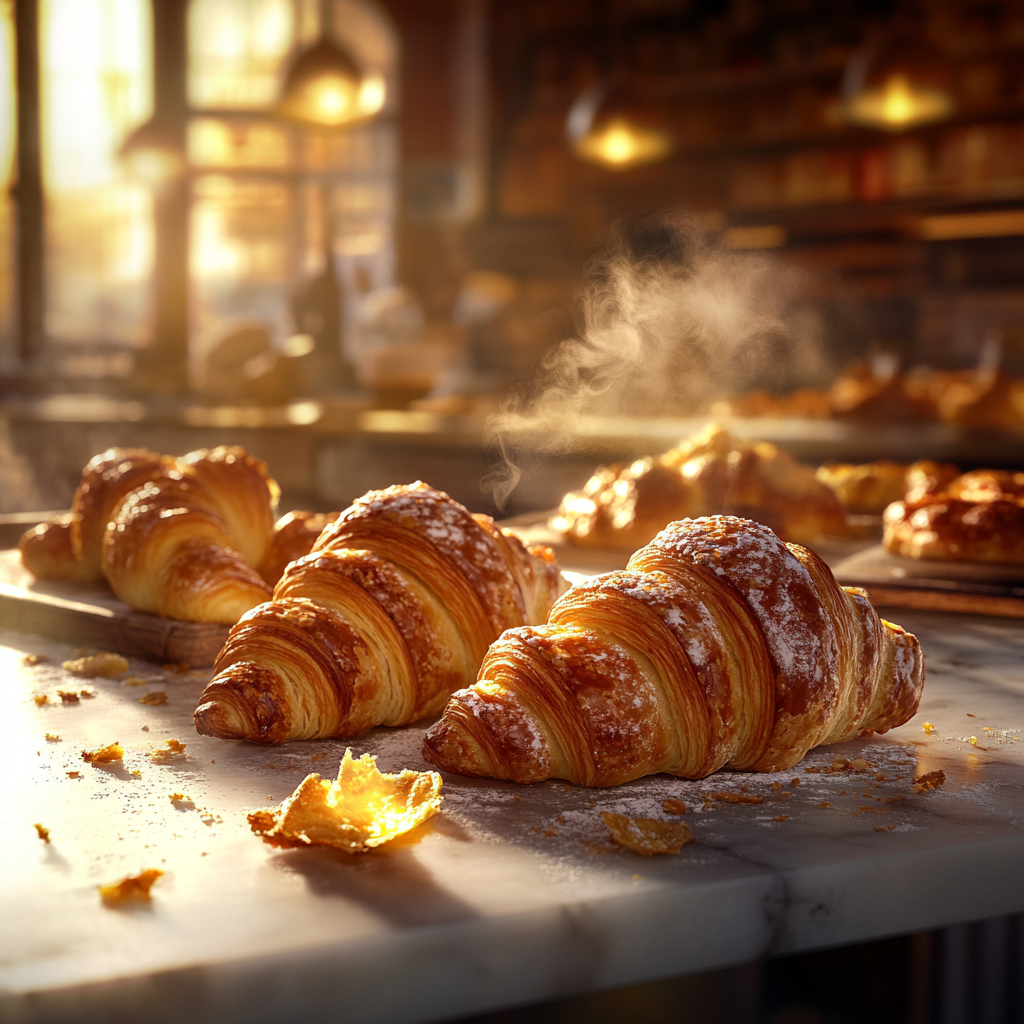 French breakfast pastries on marble counter with golden hour lighting