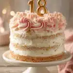 Three-layer round 18th birthday cake on white stand with soft pink vanilla buttercream rosettes, edible gold glitter accents, and fondant numbers '18', photographed with warm natural light on rustic surface.