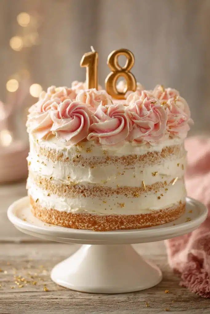 Three-layer round 18th birthday cake on white stand with soft pink vanilla buttercream rosettes, edible gold glitter accents, and fondant numbers '18', photographed with warm natural light on rustic surface.