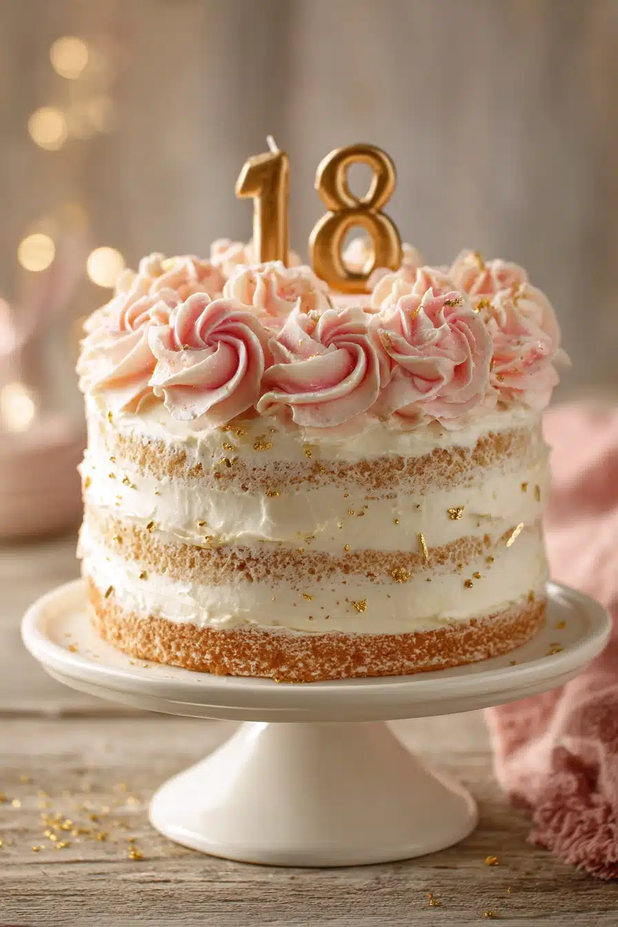 Three-layer round 18th birthday cake on white stand with soft pink vanilla buttercream rosettes, edible gold glitter accents, and fondant numbers '18', photographed with warm natural light on rustic surface.