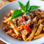 Close-up of creamy tomato sauce coated penne pasta with browned ground beef, sprinkled parmesan, and fresh basil leaf on a white plate with warm natural light.