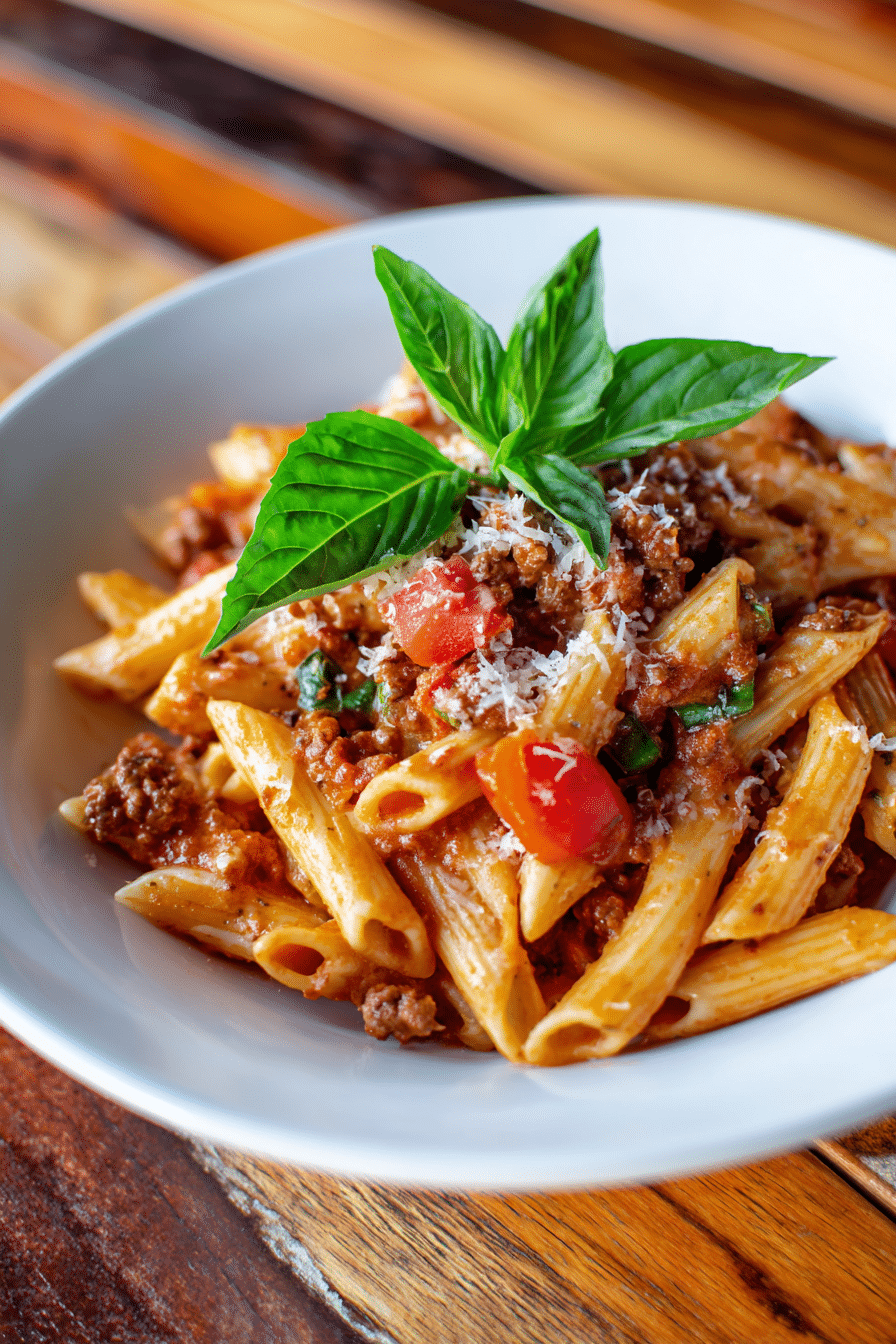 Close-up of creamy tomato sauce coated penne pasta with browned ground beef, sprinkled parmesan, and fresh basil leaf on a white plate with warm natural light.