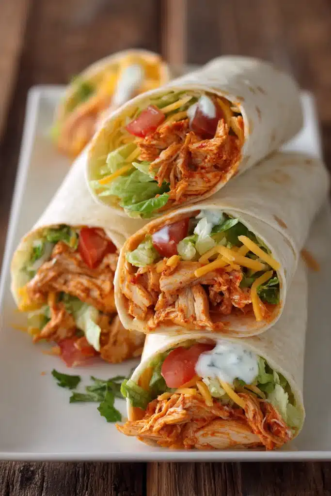 Close-up of 5 Minute Buffalo Chicken Wraps cut in half, stacked on a white rectangular plate showing layers of buffalo sauce coated chicken, shredded lettuce, diced tomatoes, cheddar cheese, and ranch dressing inside flour tortillas with warm natural lighting