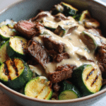 Grilled Steak Bowl with Creamy Sauce & Grilled Zucchin