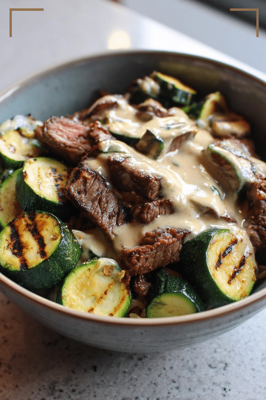 Grilled Steak Bowl with Creamy Sauce & Grilled Zucchin