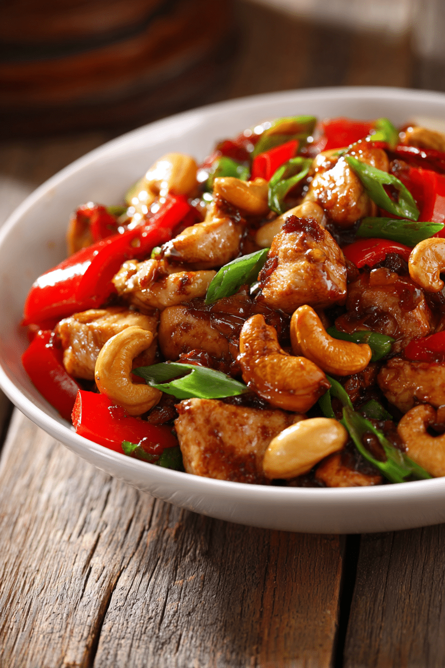 Close-up of authentic cashew chicken stir-fry with diced tender chicken, golden cashews, red bell peppers, sliced green onions, and glossy soy-based sauce presented in a shallow white bowl on a rustic wooden surface