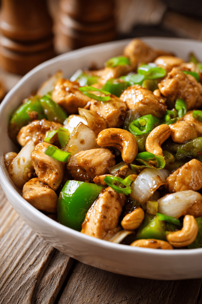 Authentic cashew chicken stir-fry in a shallow white bowl featuring tender diced chicken breast, raw cashews, diced green bell peppers, and onions in a light brown soy and oyster sauce, garnished with sliced green onions on a rustic surface.