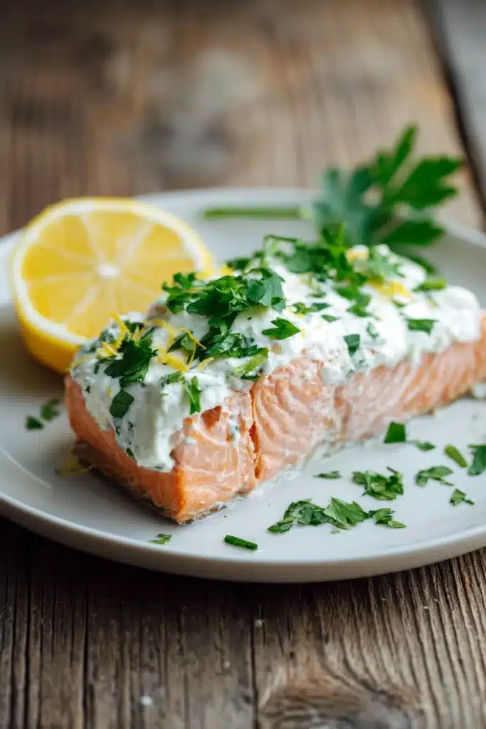 Close-up of a baked salmon fillet topped with creamy white Boursin cheese spread, sprinkled with fresh green parsley and garnished with a lemon wedge on a white plate, highlighting the salmon's pink-orange color and light brown baked edges.