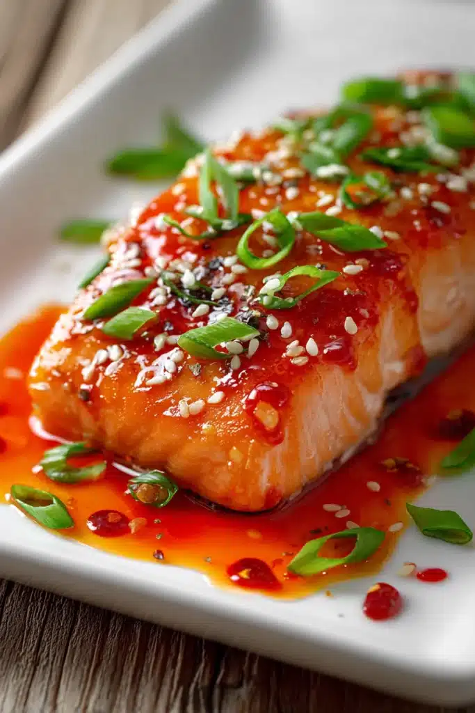 Close-up of a tender baked salmon fillet glazed with sticky sweet chili garlic sauce, garnished with chopped green onions and white sesame seeds on a white rectangular plate