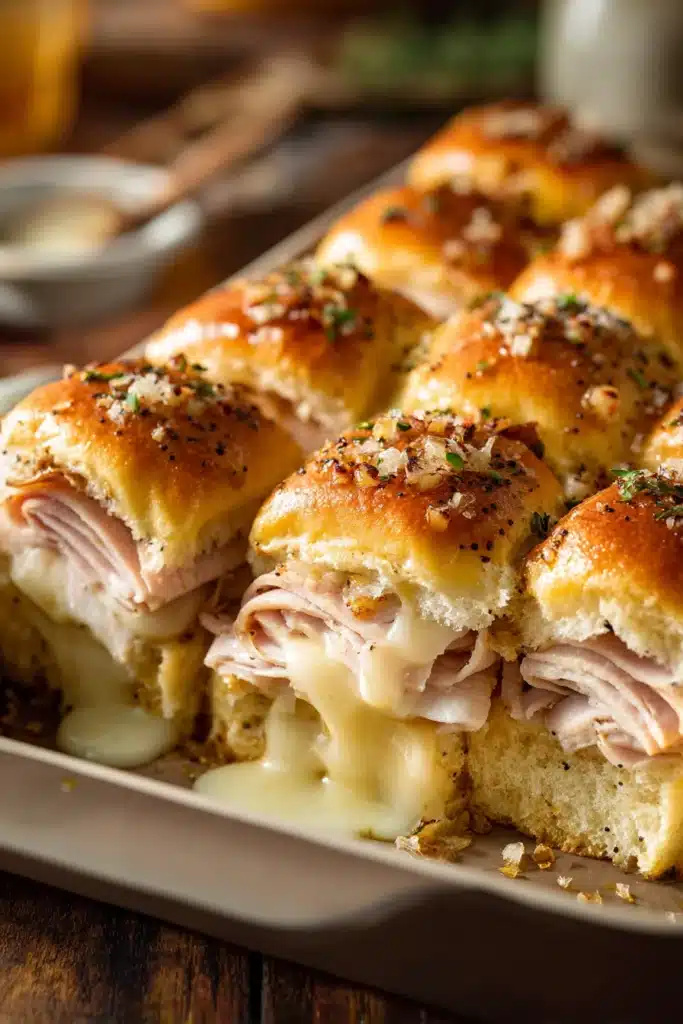 Close-up of baked turkey and cheese sliders in a rustic baking dish showing melted Swiss cheese, golden brown buns, pale pink turkey breast, and a butter Dijon mustard glaze with poppy seeds