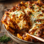 Close-up of baked ziti pasta with ground beef, tomato marinara sauce, and melted ricotta, mozzarella, and parmesan cheeses, served in a rustic round ceramic dish with a portion scooped out showing layers.