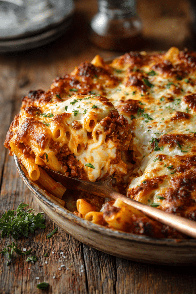 Close-up of baked ziti pasta with ground beef, tomato marinara sauce, and melted ricotta, mozzarella, and parmesan cheeses, served in a rustic round ceramic dish with a portion scooped out showing layers.