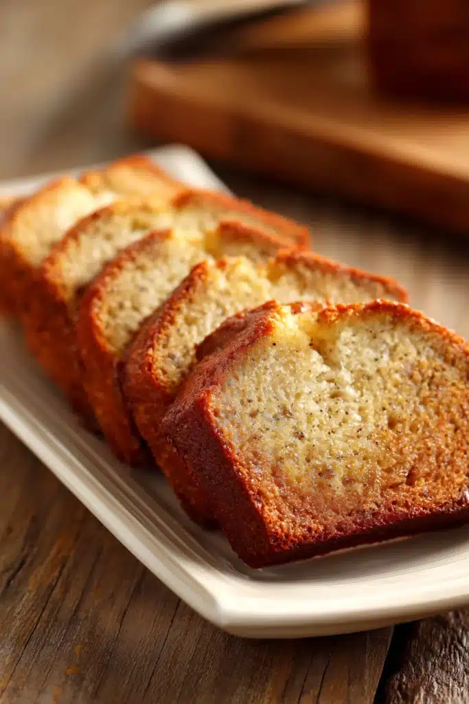 Close-up of classic banana bread loaf sliced into thick pieces on a white ceramic plate, showing moist crumb and golden brown crust with visible banana specks in warm rustic lighting