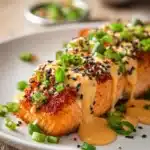 Close-up of pan-seared salmon fillet with crispy exterior on a white plate, drizzled with creamy spicy bang bang sauce, garnished with chopped green onions and black and white sesame seeds