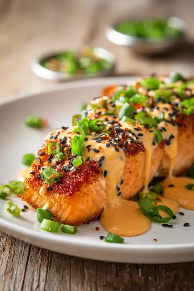 Close-up of pan-seared salmon fillet with crispy exterior on a white plate, drizzled with creamy spicy bang bang sauce, garnished with chopped green onions and black and white sesame seeds