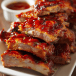Close-up of tender slow-cooked pork ribs stacked on a white plate, coated with glossy sweet and tangy barbecue sauce, with visible grill marks and a small ramekin of sauce on a rustic wooden table.