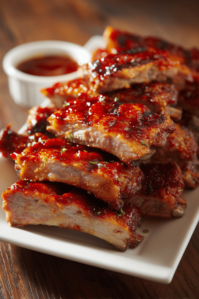 Close-up of tender slow-cooked pork ribs stacked on a white plate, coated with glossy sweet and tangy barbecue sauce, with visible grill marks and a small ramekin of sauce on a rustic wooden table.