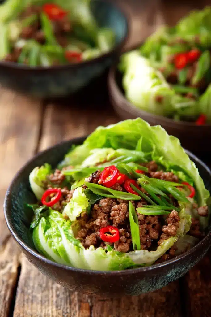 Close-up of rustic beef cabbage bowls showing browned ground beef and crisp green cabbage leaves garnished with sliced green onions and red chili flakes on a wooden surface