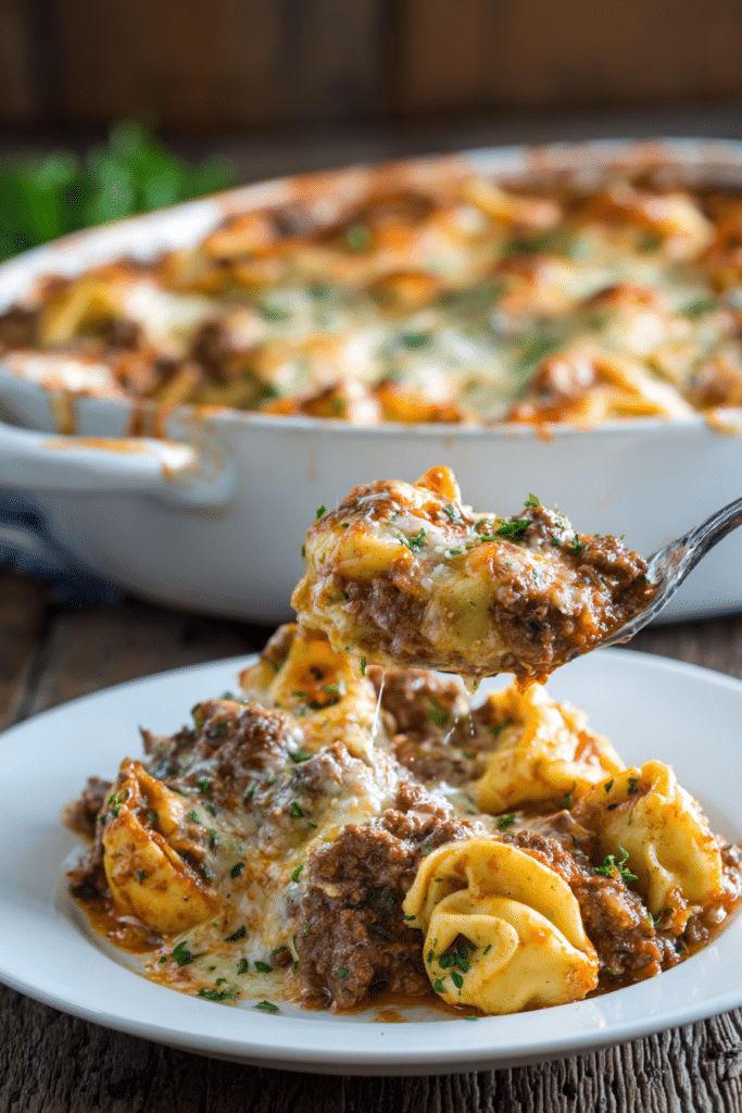 Close-up of a rustic beefy tortellini bake in a white ceramic dish with melted golden mozzarella and parmesan cheese, tender pasta, browned ground beef, tomato marinara sauce, and sprinkled Italian herbs, served on a white plate on a wooden surface.