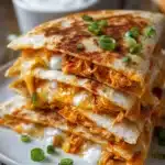 Close-up of buffalo chicken quesadillas with crispy golden brown tortillas, melted cheddar and mozzarella cheese, bright orange buffalo sauce coating shredded chicken, garnished with chopped green onions and a side of ranch dressing on a white plate
