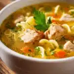 Close-up of classic chicken noodle soup in a white ceramic bowl with clear golden broth, tender chicken pieces, egg noodles, diced carrots, celery, onion, and a sprig of fresh parsley on top, rustic wooden background.