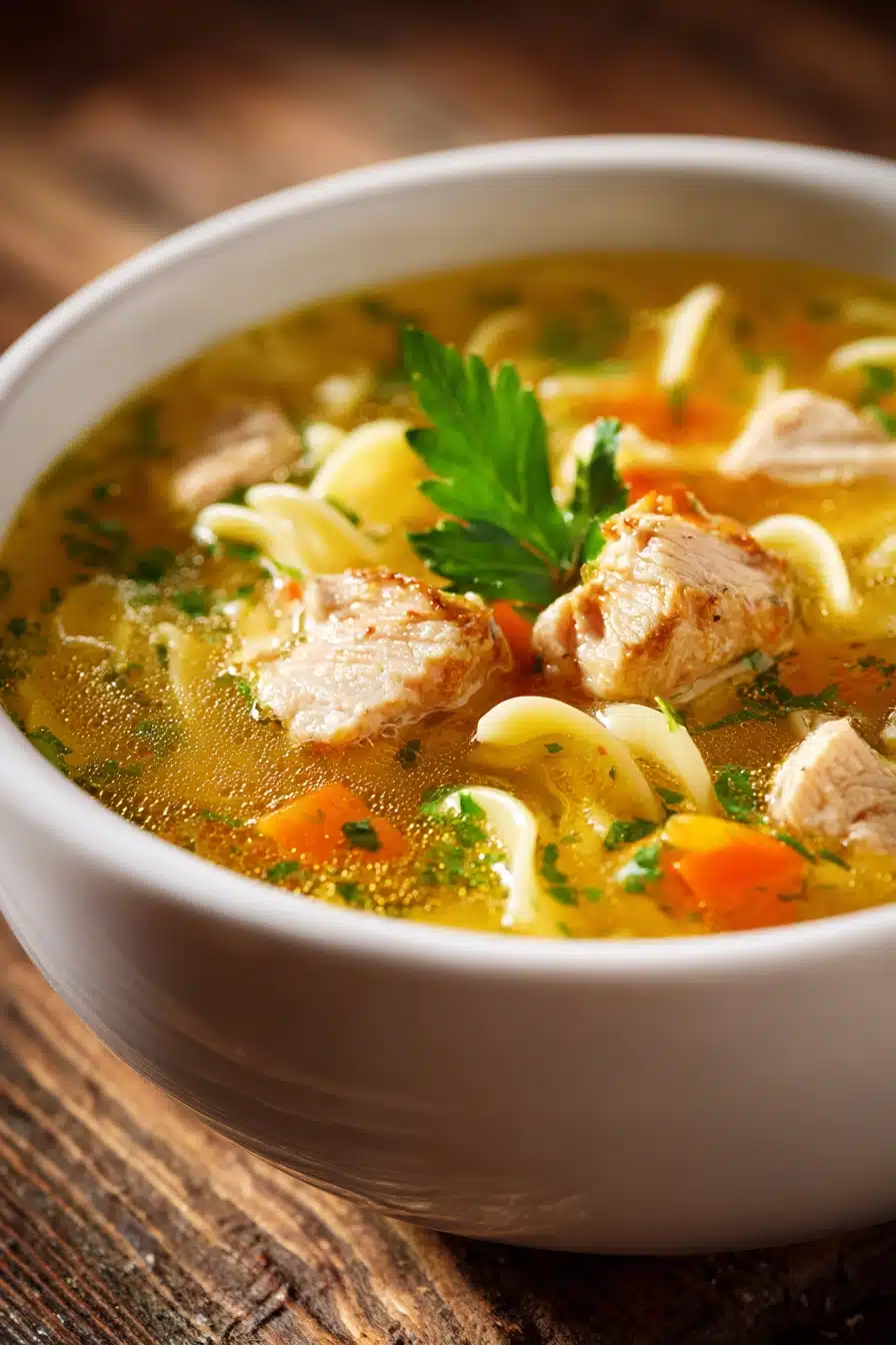 Close-up of classic chicken noodle soup in a white ceramic bowl with clear golden broth, tender chicken pieces, egg noodles, diced carrots, celery, onion, and a sprig of fresh parsley on top, rustic wooden background.