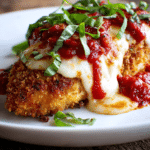 Close-up of a crispy golden brown chicken breast topped with bright red marinara sauce, melted mozzarella and Parmesan cheese, garnished with fresh basil leaves on a white plate, rustic wooden background