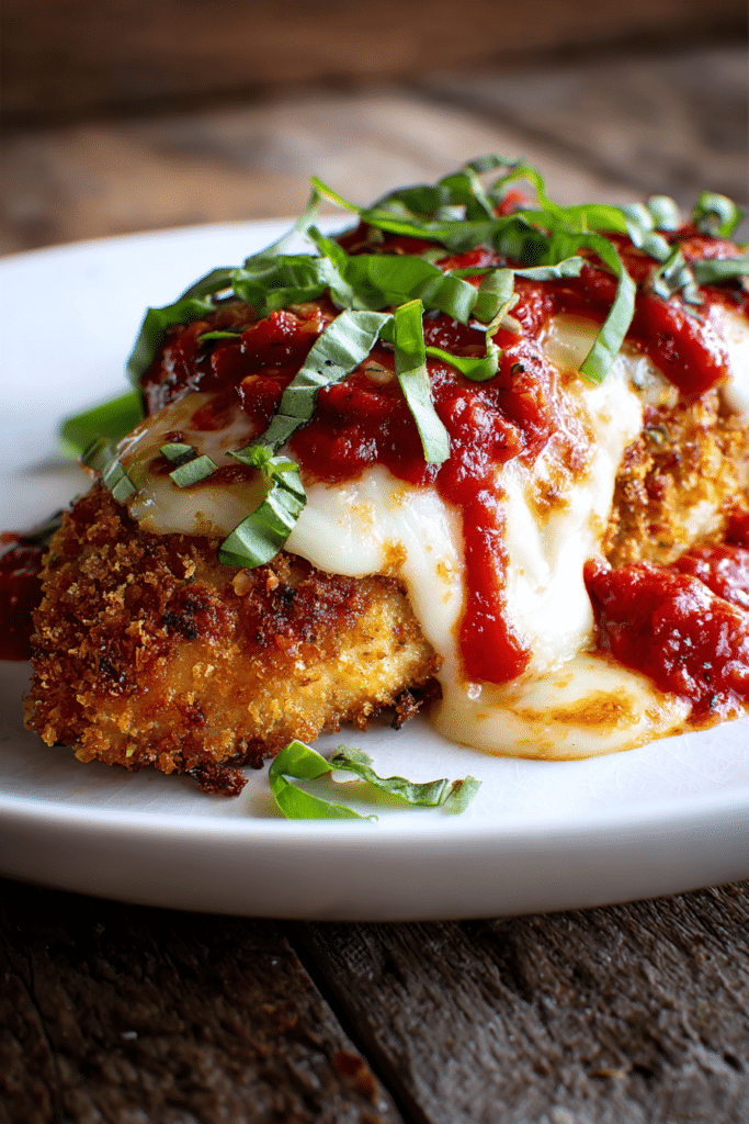 Close-up of a crispy golden brown chicken breast topped with bright red marinara sauce, melted mozzarella and Parmesan cheese, garnished with fresh basil leaves on a white plate, rustic wooden background