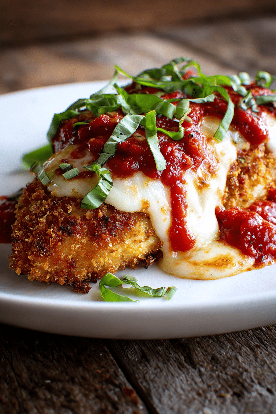 Close-up of a crispy golden brown chicken breast topped with bright red marinara sauce, melted mozzarella and Parmesan cheese, garnished with fresh basil leaves on a white plate, rustic wooden background