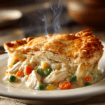Close-up of individual chicken pot pie with golden flaky crust, creamy filling with diced chicken, carrots, peas, and herbs on a white plate with rustic wooden background