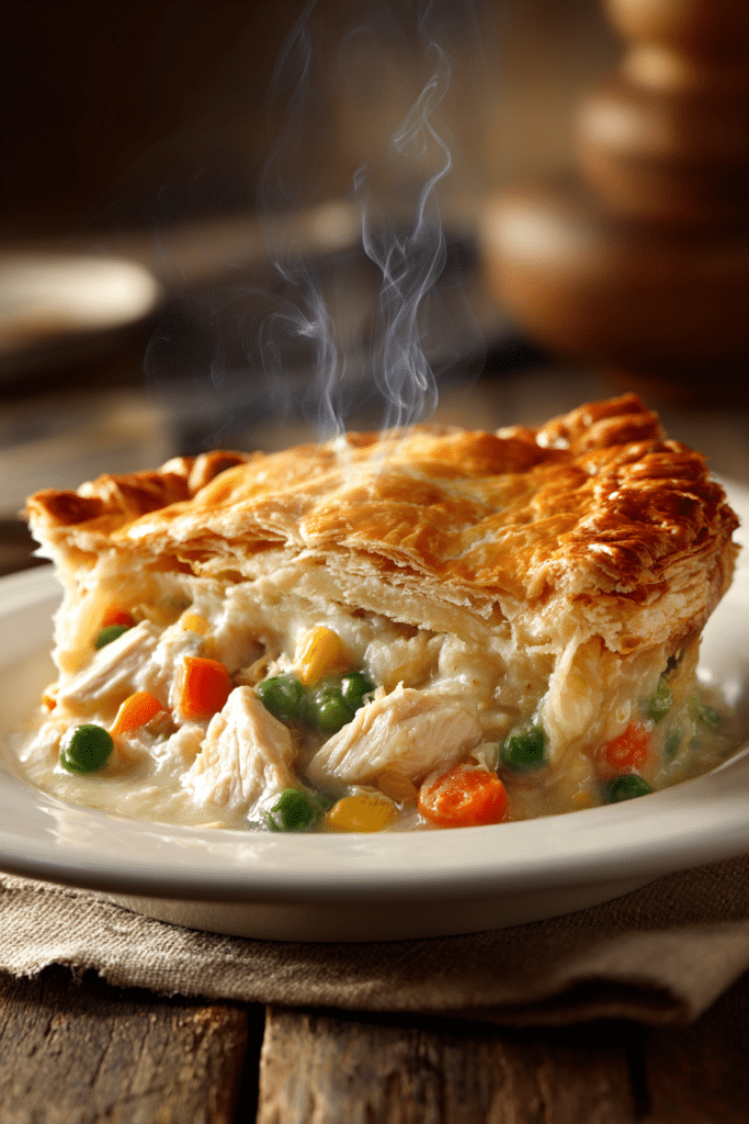 Close-up of individual chicken pot pie with golden flaky crust, creamy filling with diced chicken, carrots, peas, and herbs on a white plate with rustic wooden background