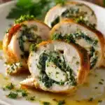 Close-up of three sliced golden brown chicken roll ups filled with creamy cheese and spinach on a white plate, garnished with chopped parsley and drizzled with garlic herb butter sauce