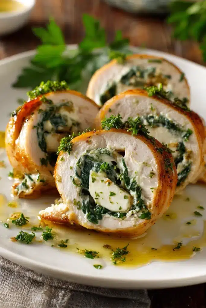 Close-up of three sliced golden brown chicken roll ups filled with creamy cheese and spinach on a white plate, garnished with chopped parsley and drizzled with garlic herb butter sauce