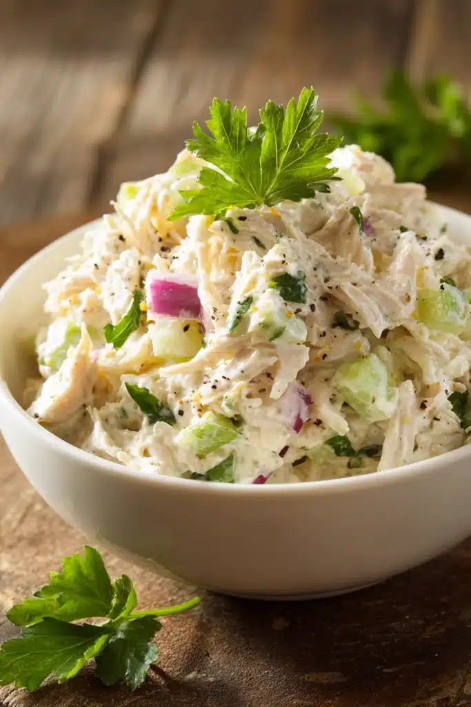Close-up of creamy classic chicken salad with shredded chicken, finely chopped celery and red onion in a shallow white bowl topped with fresh parsley, photographed with warm natural light on rustic surface