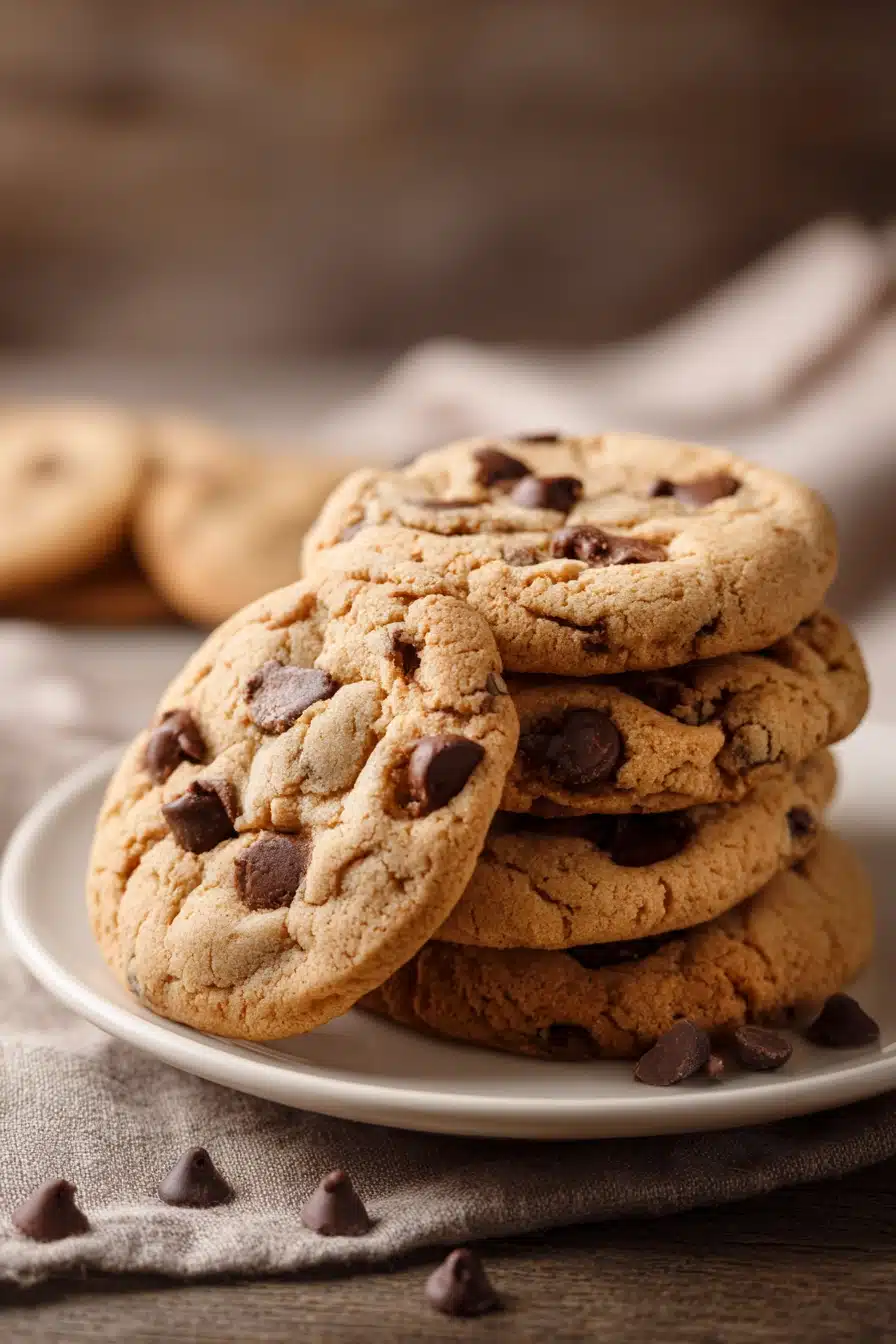 Close-up of a small stack of golden-brown chocolate chip cookies with visible semi-sweet chips on a white ceramic plate under warm natural light