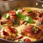Close-up of golden brown pan-seared chicken thighs covered in creamy sun-dried tomato and garlic sauce with visible tomato pieces and fresh basil leaves on a rustic wooden surface.