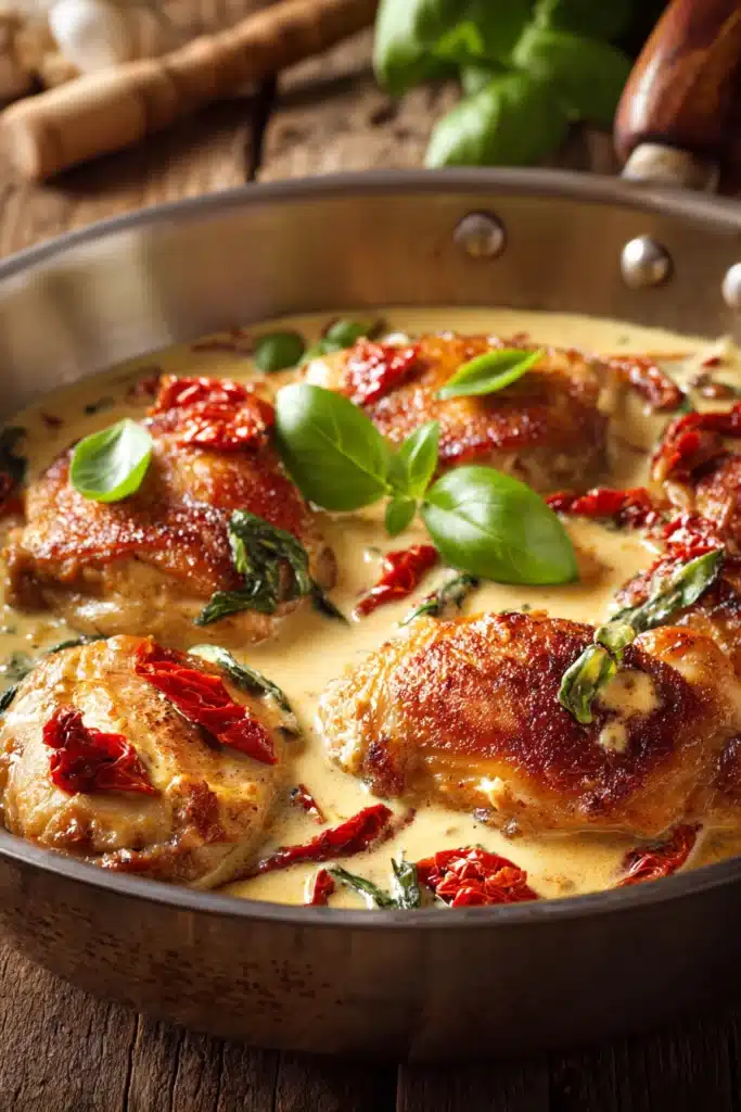 Close-up of golden brown pan-seared chicken thighs covered in creamy sun-dried tomato and garlic sauce with visible tomato pieces and fresh basil leaves on a rustic wooden surface.