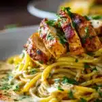 Close-up of Cowboy Butter Chicken Linguine with tender sautéed chicken slices on creamy linguine pasta, garnished with chopped parsley and a buttery garlic sauce on a white plate