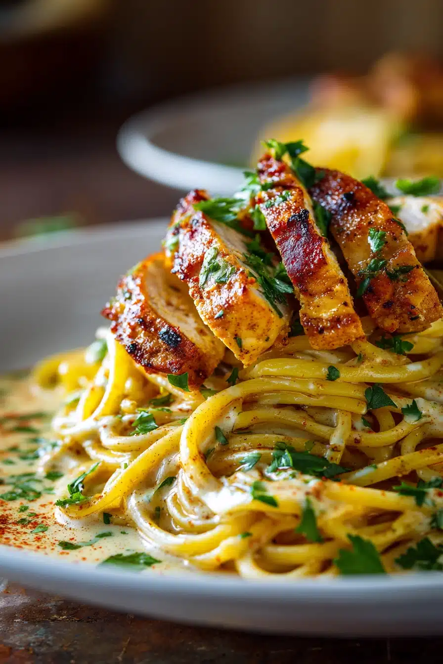 Close-up of Cowboy Butter Chicken Linguine with tender sautéed chicken slices on creamy linguine pasta, garnished with chopped parsley and a buttery garlic sauce on a white plate