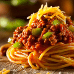 Close-up of cowboy spaghetti pasta twirled into a mound topped with chunky ground beef tomato sauce, diced green bell peppers, onions, and melted shredded cheddar cheese on a rustic wooden surface
