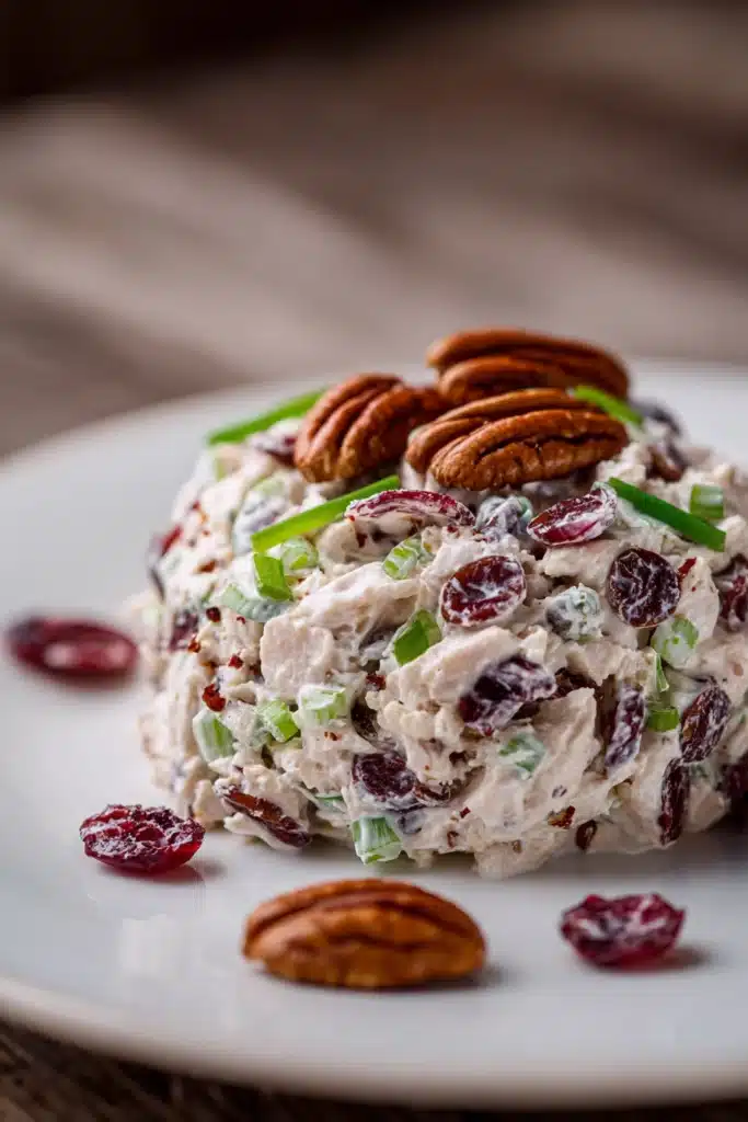 Close-up of creamy cranberry pecan chicken salad with diced poached chicken, dried cranberries, chopped pecans, finely chopped celery, and green onions, served on a white round plate with whole pecans and cranberries garnish, showcasing contrasting textures and fresh colors.
