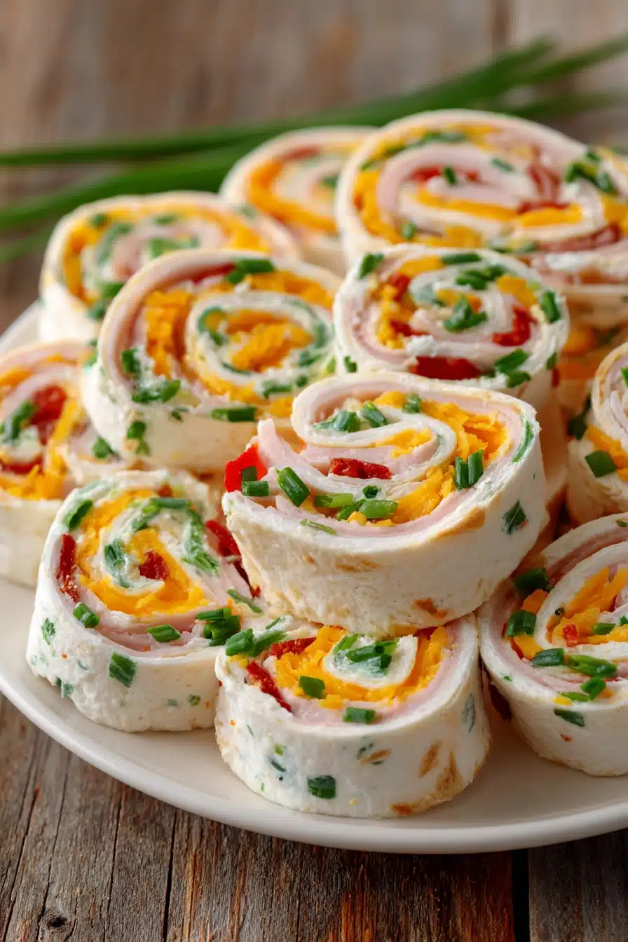 Close-up of cream cheese roll-ups sliced into pinwheels arranged on a white round plate, showing spiral layers of cream cheese, chopped chives, diced red bell pepper, shredded cheddar cheese, and sliced smoked turkey on rustic wooden surface