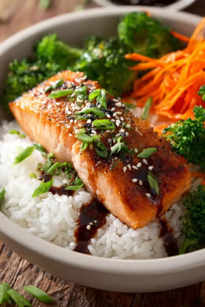 Close-up of pan-seared salmon fillet with crispy golden skin atop fluffy white jasmine rice, garnished with steamed broccoli, carrot ribbons, sesame seeds, and chopped green onions, drizzled with soy-ginger glaze on a rustic surface.