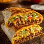 Close-up photo of a Crunchwrap Supreme cut in half, displaying layers of golden brown tortilla, crispy tostada shell, seasoned ground beef, nacho cheese sauce, shredded lettuce, diced tomatoes, sour cream, and shredded cheddar cheese on a rustic plate.