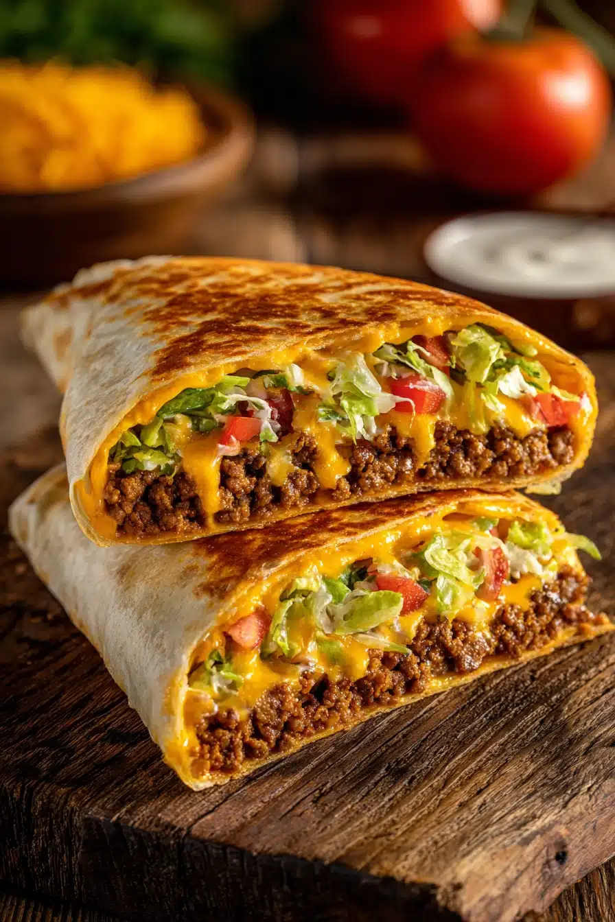 Close-up photo of a Crunchwrap Supreme cut in half, displaying layers of golden brown tortilla, crispy tostada shell, seasoned ground beef, nacho cheese sauce, shredded lettuce, diced tomatoes, sour cream, and shredded cheddar cheese on a rustic plate.