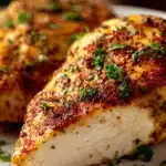 Close-up of a juicy baked ranch chicken breast with a golden crispy crust on a white plate garnished with chopped fresh parsley under warm natural light