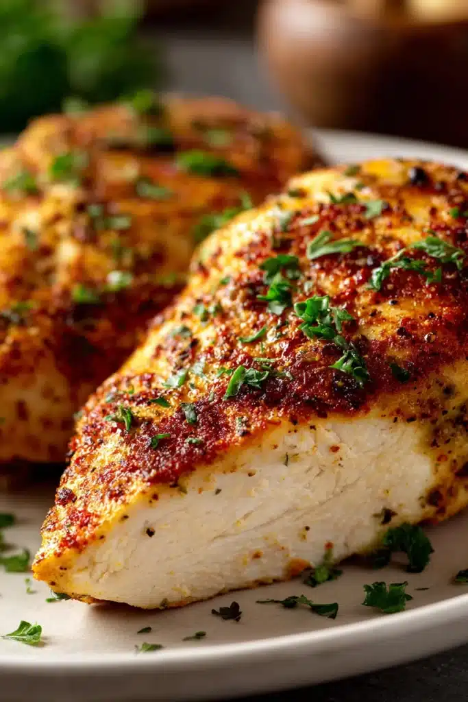 Close-up of a juicy baked ranch chicken breast with a golden crispy crust on a white plate garnished with chopped fresh parsley under warm natural light