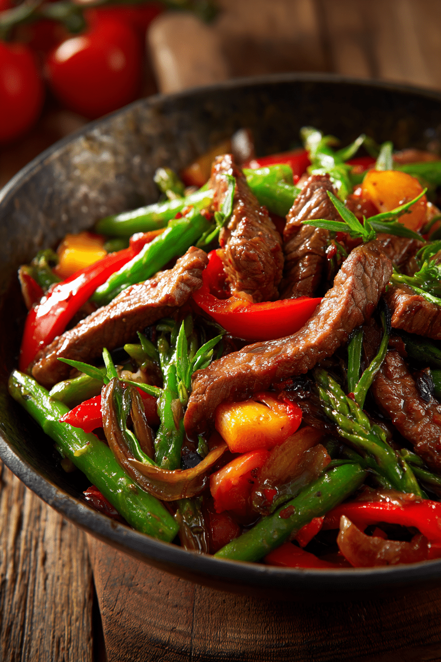 Close-up of easy beef stir fry with tender beef strips and colorful vegetables in a glossy savory sauce on a rustic wooden table.