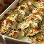 Close-up of Easy Chicken Zucchini Bake in a rectangular casserole dish with layers of tender chicken breast, baked zucchini slices, and a golden browned melted cheese topping under warm natural light on a rustic wooden surface.